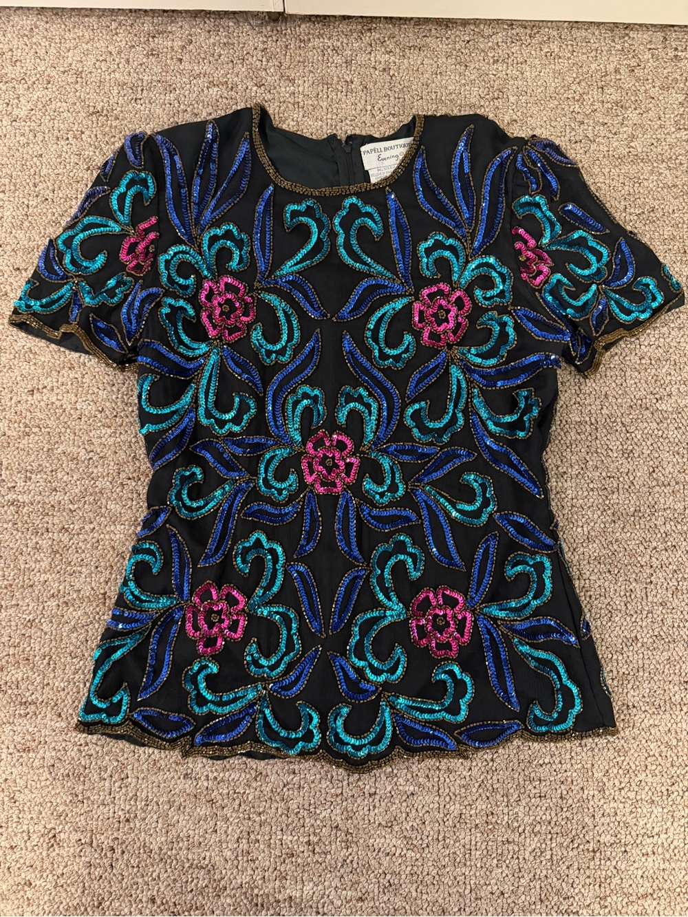 Vintage Papell Boutique Evening Sequin Floral Blouse Top